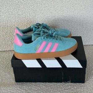 Teal Adidas Sneakers with Pink Stripes